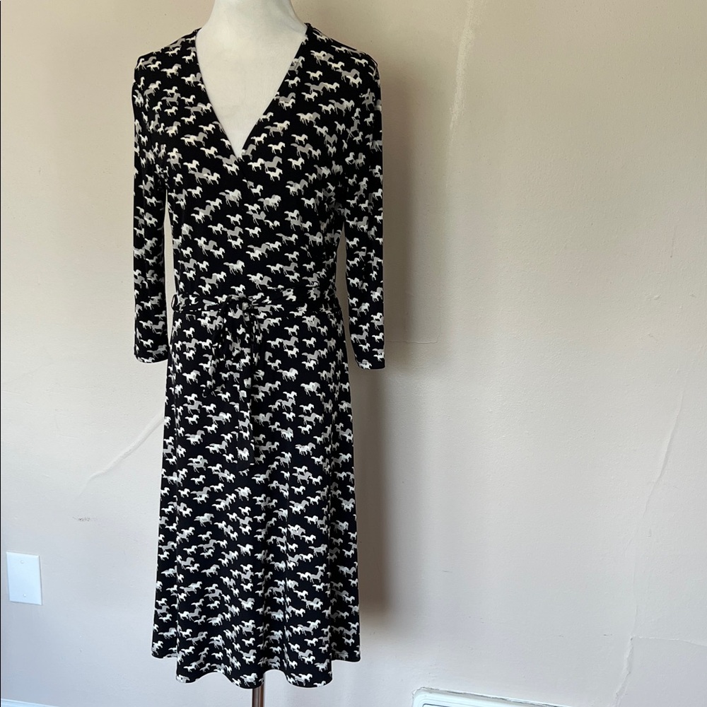 Leota Black and White Horse Patterned Faux Wrap Dress